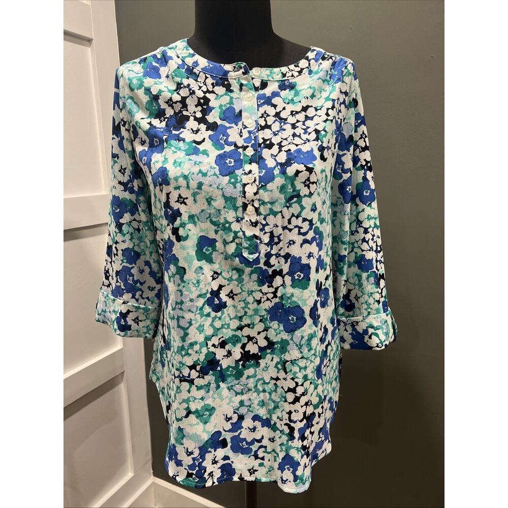 Croft & Barrow Blue‎ Teal Floral Cottage Core Medium 3/4 Cuffed Sleeve